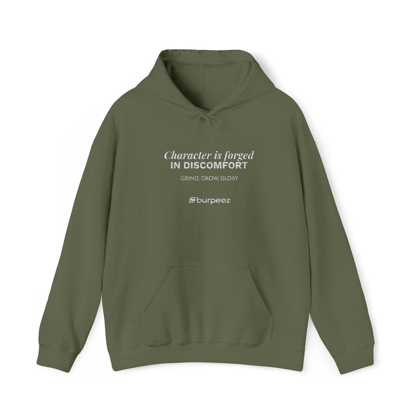 Hoodie unisex brodé « Character is forged in discomfort »