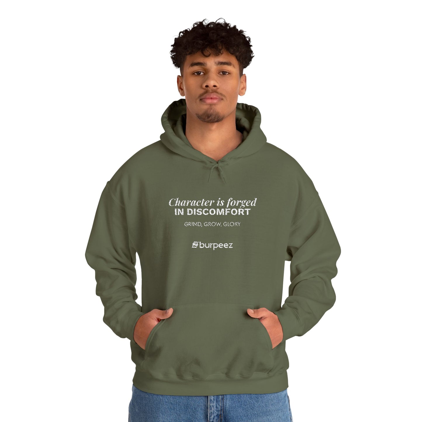 Hoodie unisex brodé « Character is forged in discomfort »
