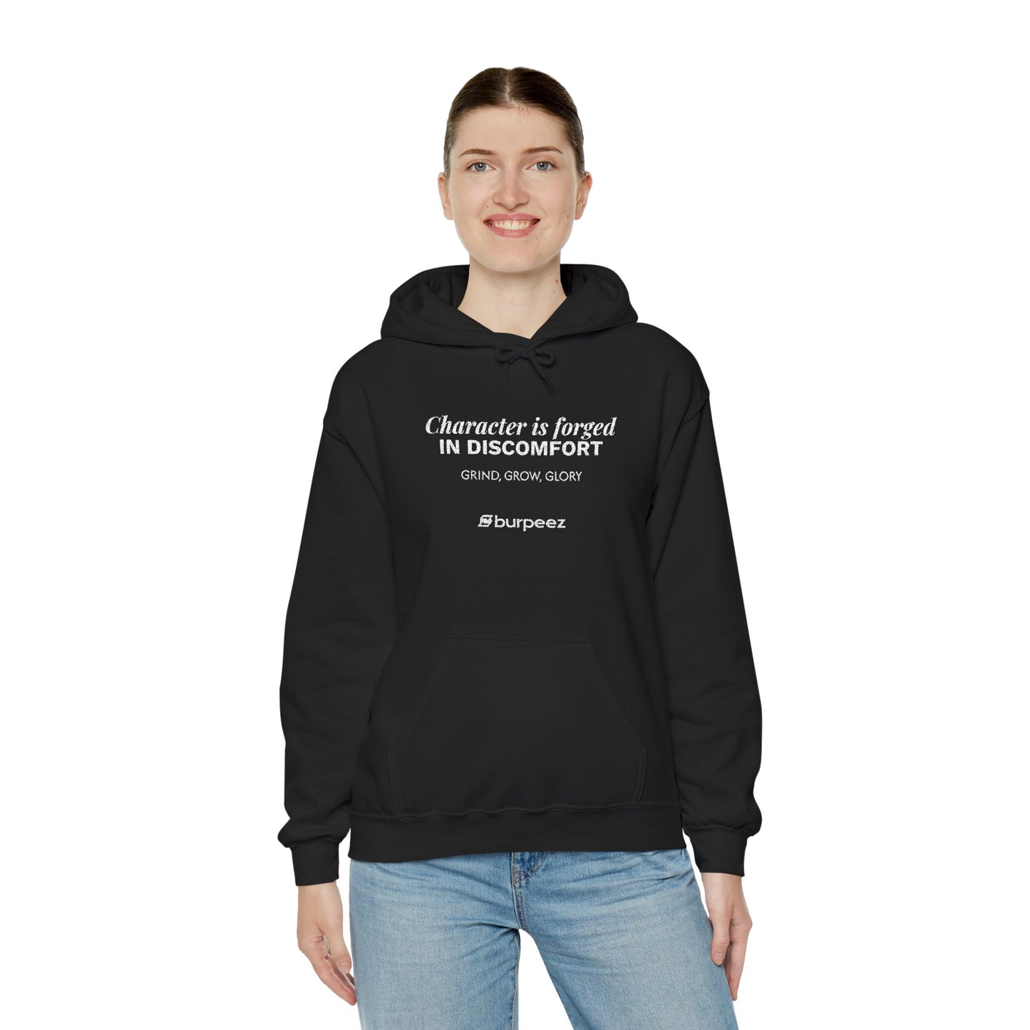 Hoodie unisex brodé « Character is forged in discomfort »