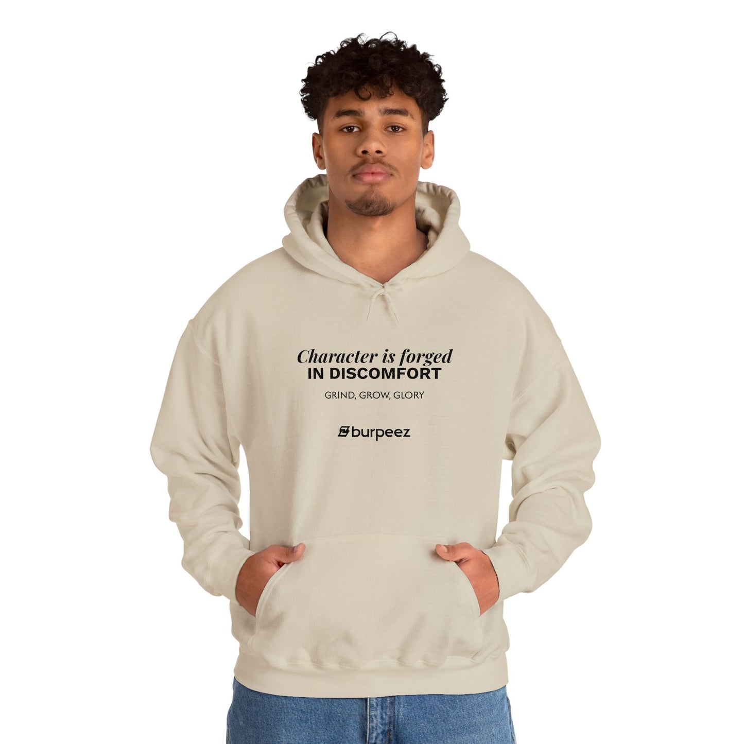 Hoodie unisex brodé « Character is forged in discomfort »