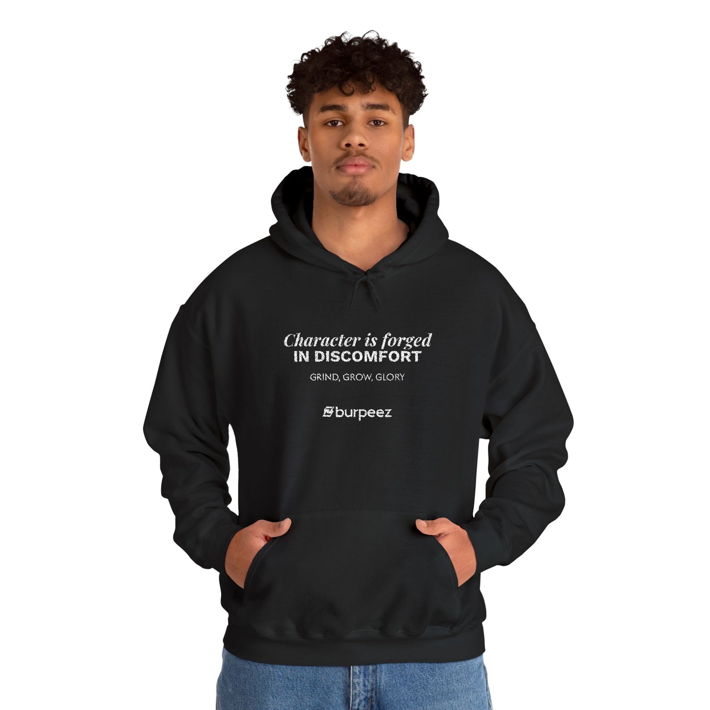 Hoodie unisex brodé « Character is forged in discomfort »