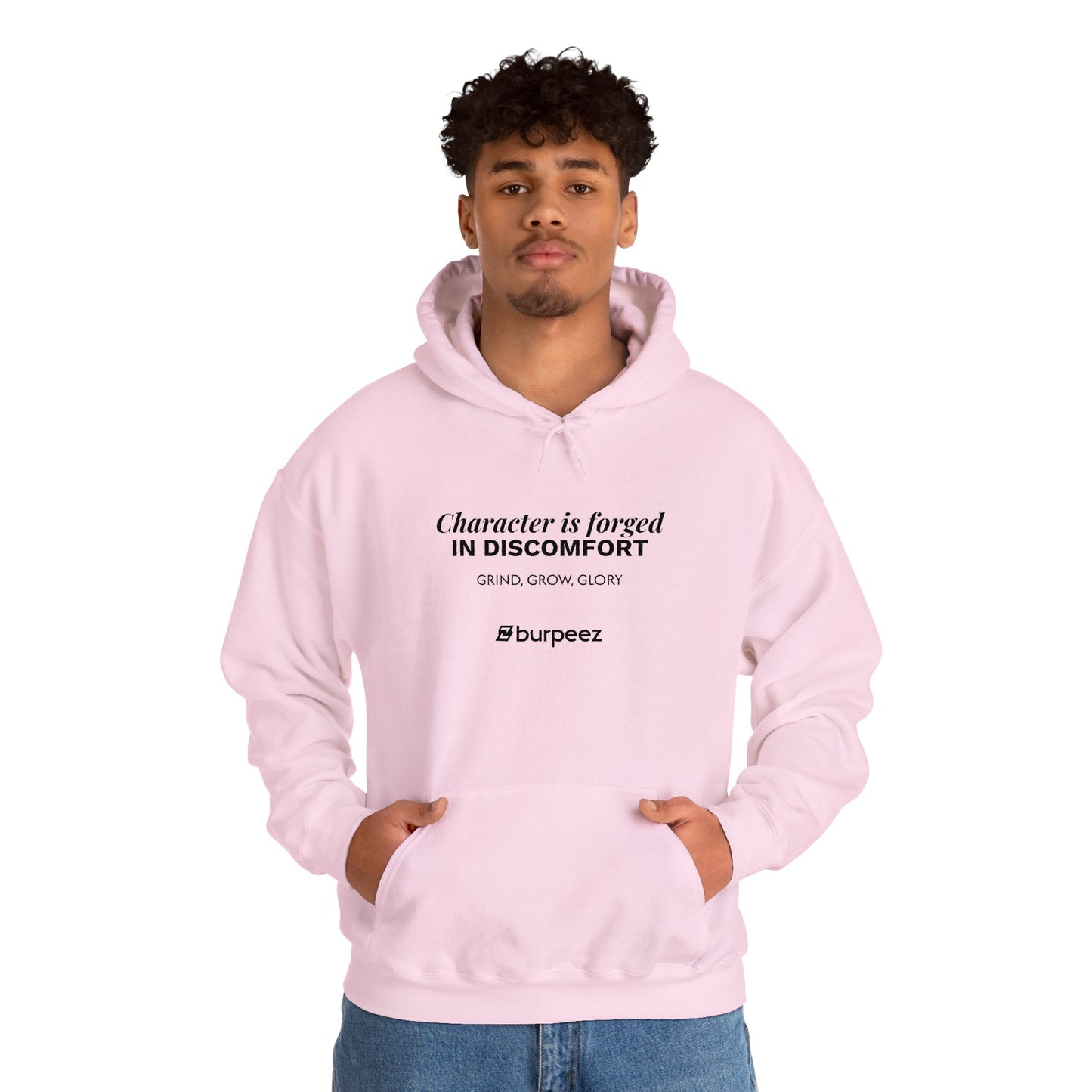 Hoodie unisex brodé « Character is forged in discomfort »