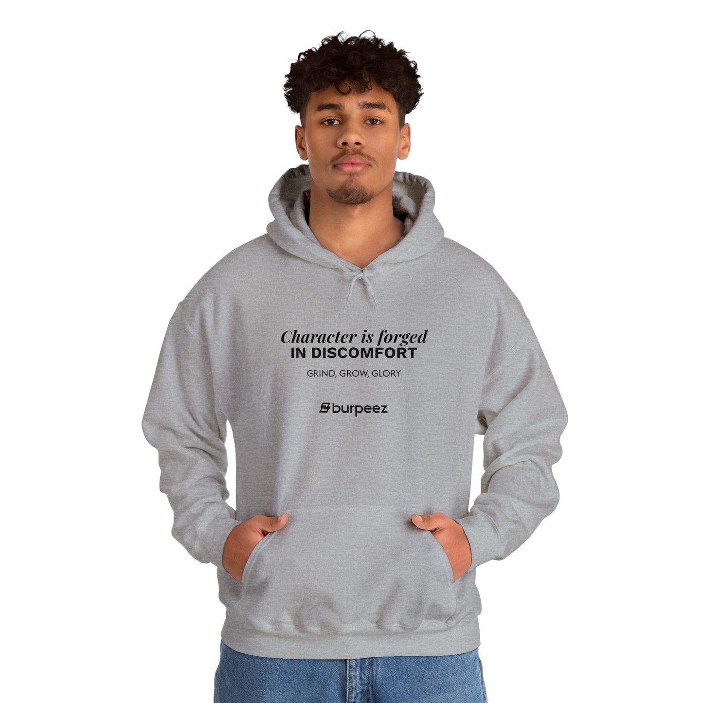 Hoodie unisex brodé « Character is forged in discomfort »